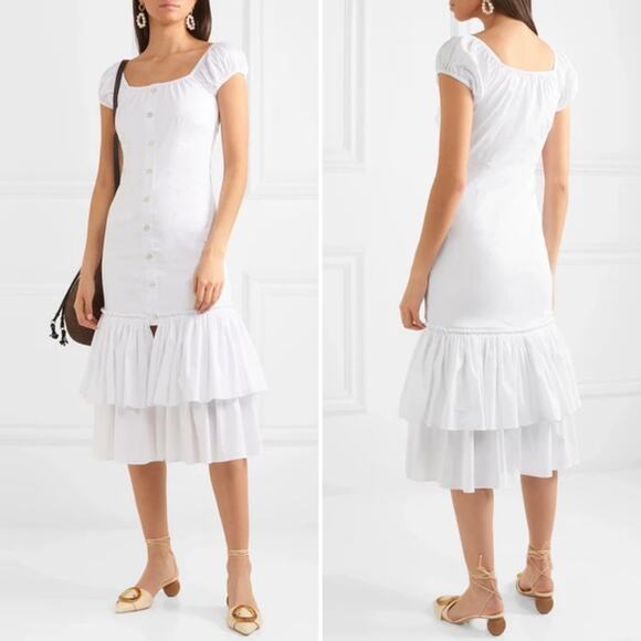 NWT CAROLINE CONSTAS Lyla Tiered Cotton Poplin Midi Dress In White Size Large - Picture 1 of 16